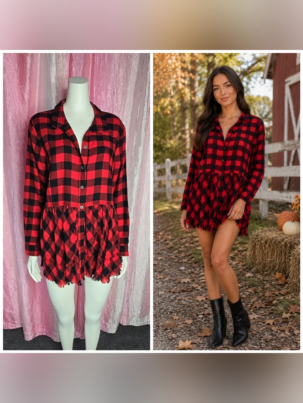 John Mark Red Buffalo Plaid Button-Up Fringe Hem Flannel Cotton Top Size Medium
